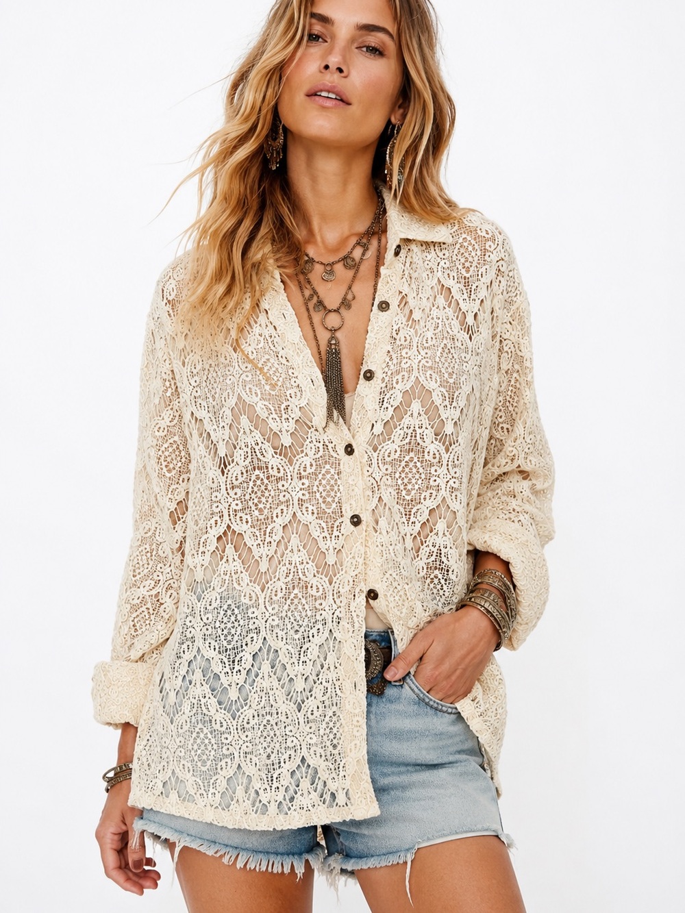 Free People Ivory Crochet Lace Button Front Boho small Top